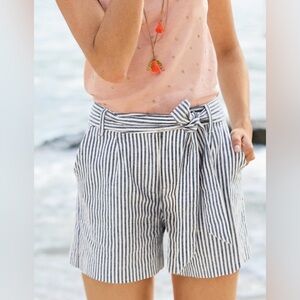Boden Cora Striped Linen Tie Waist Shorts Blue White US 6 NWT Summer Beach Casua